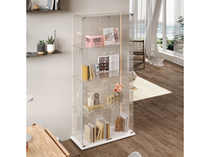  Vitrine en verre 4 niveaux double porte - 78,5 x 36,5 x 163 cm - blanc - grande armoire d'exposition avec ruban led et base blanche  - Conforama E