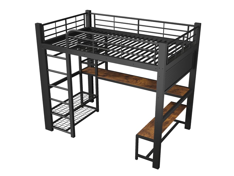 Lit mezzanine 140x200 cm métal noir avec led, bureau bois et rangements intégrés - Conforama E