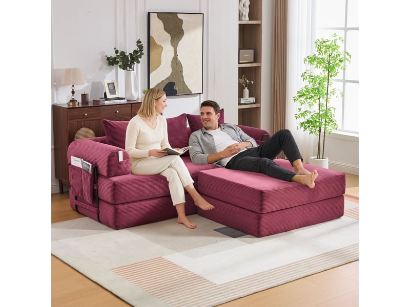  Canapé modulable revêtement côtelé cadre métal stable poche latérale 3 coussins confortables rembourrage extra épais combinaisons libres polyvalence d'utilisation bordeaux  - Conforama B