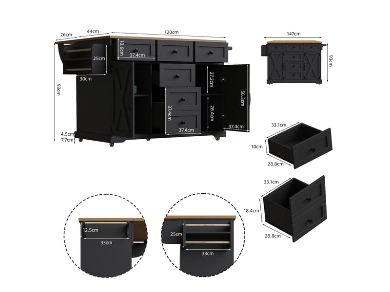Îlot de cuisine pliant mobile 147 x 70 cm, mdf et métal, noir, avec rangement - Conforama C