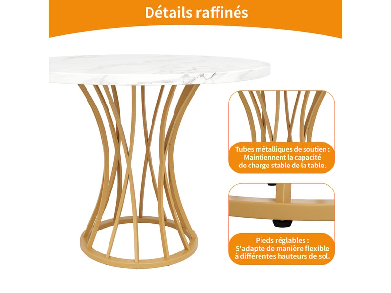  Table ronde, table légère et élégante, idéale pour 4 à 6 personnes, pieds dorés, plateau en mdf effet marbre  - Conforama R