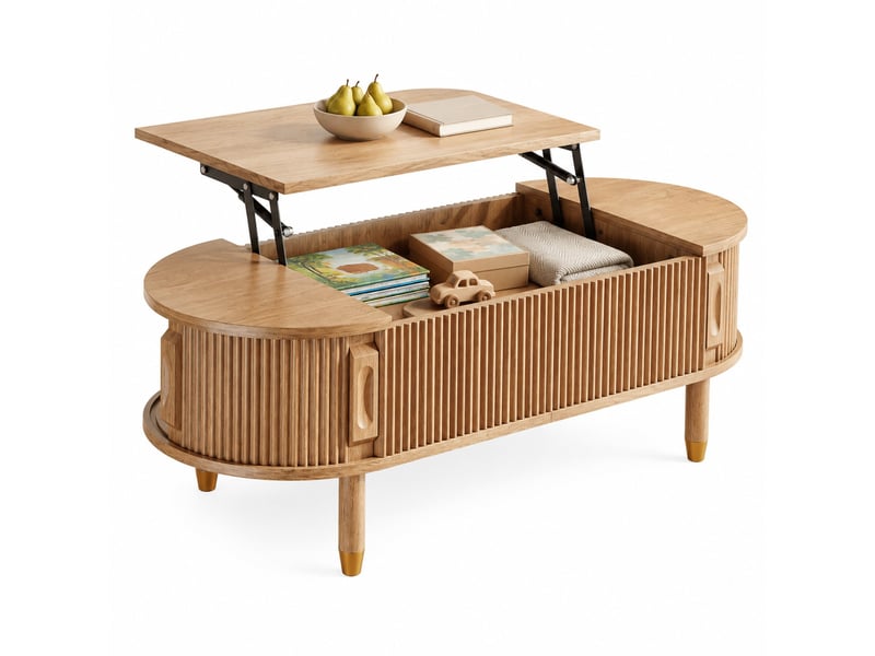  Table basse relevable avec rangement et 2 portes coulissantes rainurées pour salon en mdf naturel 110 × 48 × 57 cm  - Conforama A