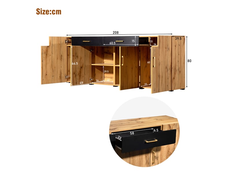  Meuble tv,208x39.5x80 cm,4 portes 2 tiroirs,panneau de particules,marron  - Conforama E