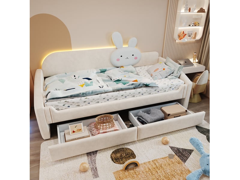  Lit banquette enfant 90x200 cm, 2 tiroirs, led, coussin lapin, rangement, mdf métal, tissu velours, beige, sans matelas  - Conforama B
