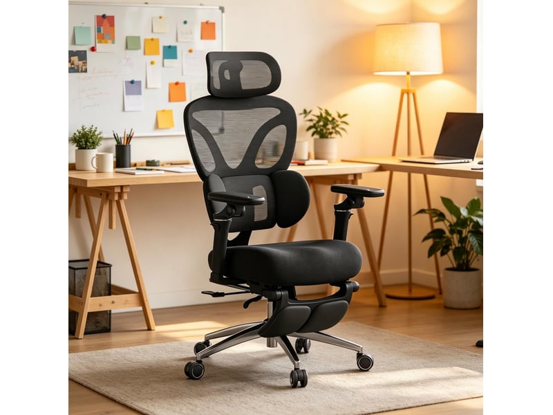 Chaise de bureau pivotante avec repose-pieds, appuie-tête et soutien lombaire réglables en maille noire - Conforama B