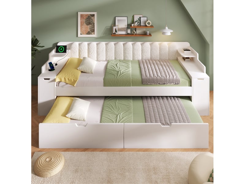  Lit gigogne 90x200 cm blanc avec rangement, chargeurs usb et dossier sherpa  - Conforama D