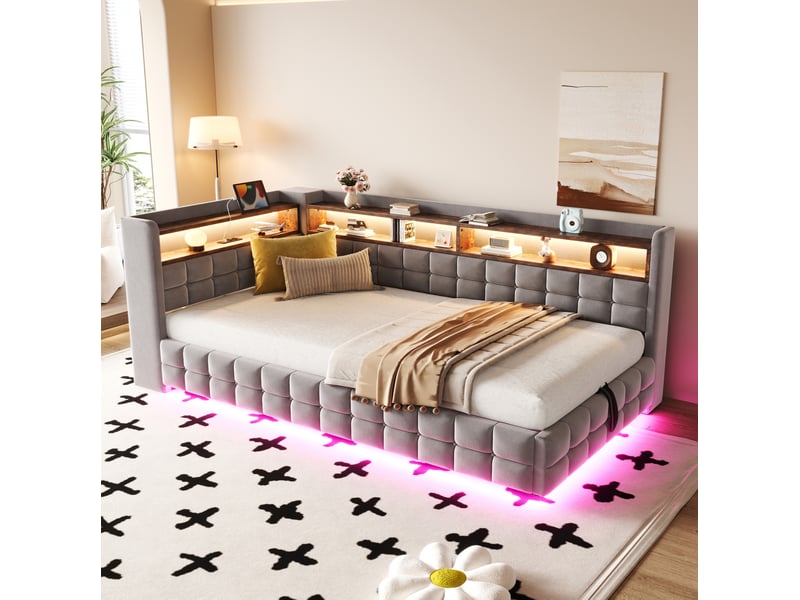  Lit coffre 90x200 cm, étagères en bois, velours, coloris gris clair, espace de stockage caché  - Conforama B