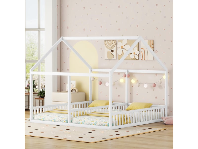  Lit cabane double 90x200, lit 2 en 1 pour enfants avec toit et barrières, cadre en bois massif blanc, aménagement de chambre partagée.  - Conforama D