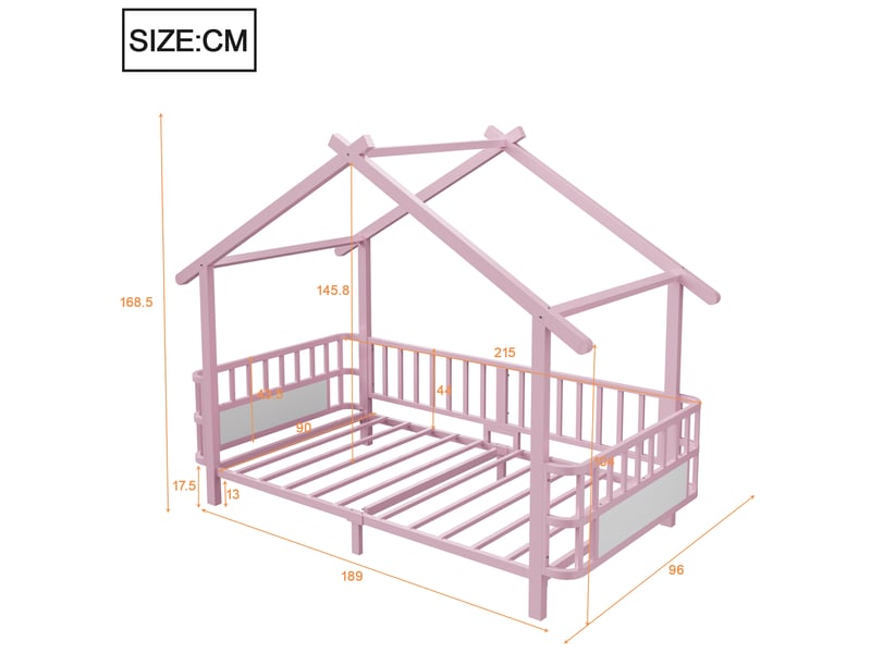  Lit enfant maison 90x200 cm, lit cabane, barrières sécurité, chambre, style contemporain, métal, rose, sans matelas  - Conforama C