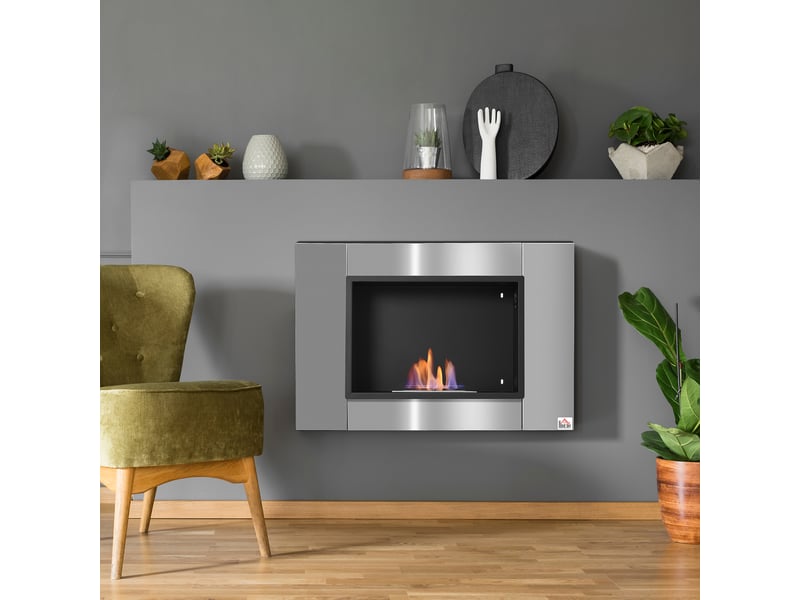 Cheminée bioéthanol murale encastrable en acier inoxydable, 80 x 14 x 54 cm - Conforama C