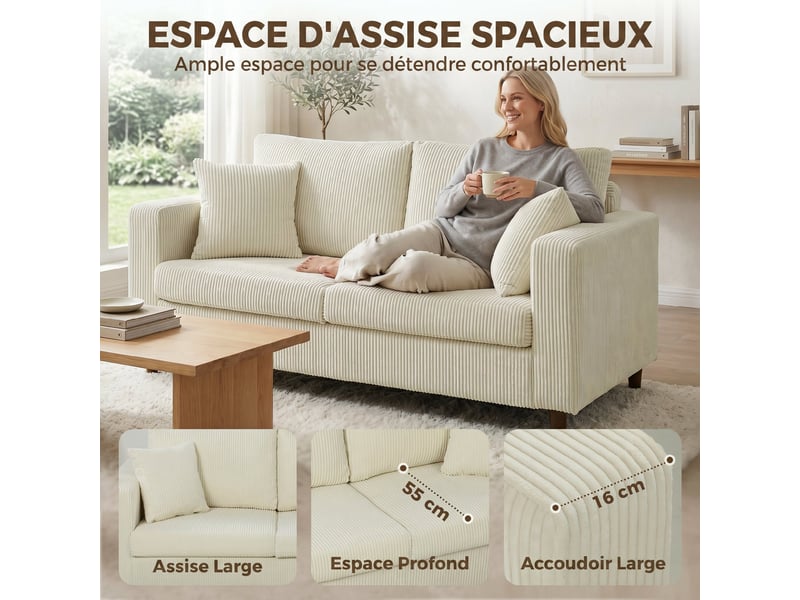  Canapé 2 places en velours côtelé, canapé de salon moderne 170 cm, assise large, crème, coussin à ressorts  - Conforama A