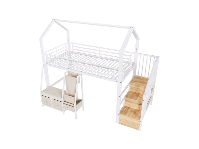 Lit mezzanine 90x200 cm, lit combiné, tiroirs de rangement, échelle, rangements intégrés, éclairage led, support à lattes stable, mdf et métal blanc OPULERANE TRADING LTD - Conforama A
