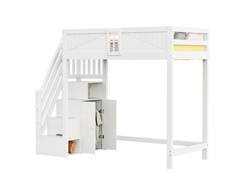  Lit mezzanine 90x200 cm, rangement, échelles latérales interchangeables, bois, blanc, moderne, sécurisé, sans matelas  - Conforama A