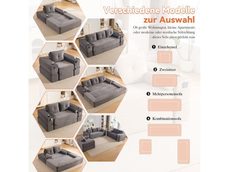  Canapé convertible 2 places avec porte-gobelet et rangement -  accoudoirs amovibles, velours côtelé gris foncé  - Conforama E