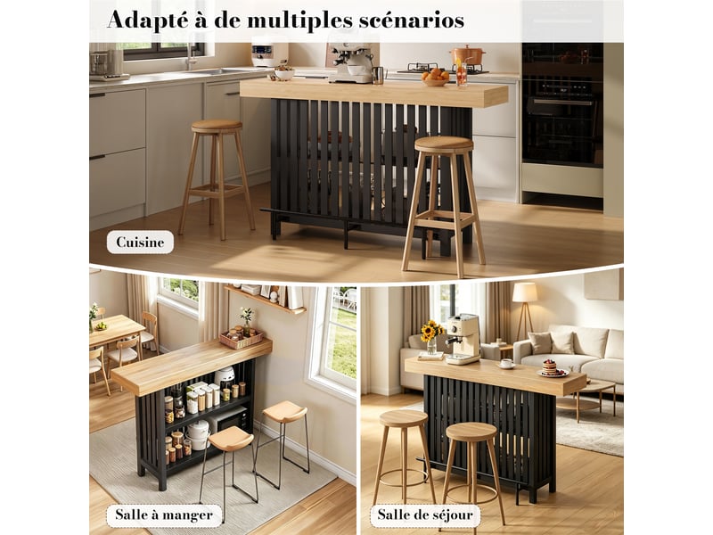  Table haute de bar mange-debout comptoir avec 2 étagères, bois naturel plateau mdf noir  - Conforama D