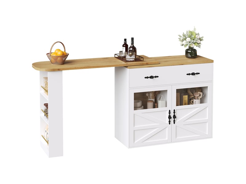  Table de salle à manger extensible avec tiroir, étagères et rotation complète, en mdf blanc, 138×39×104 cm  - Conforama A