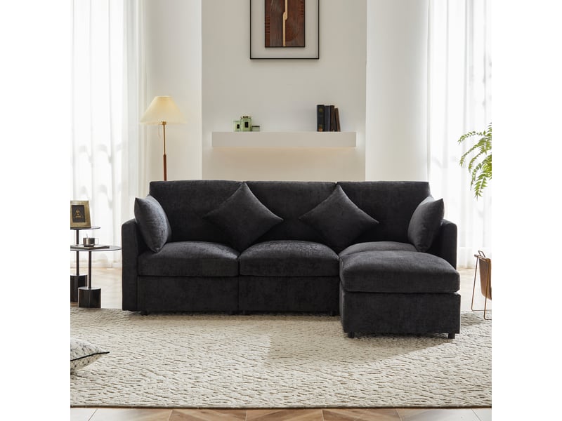 Canapé d'angle, canapé convertible, 3 places, en chenille, gris, avec pouf, pour salon, bureau, appartement - Conforama A