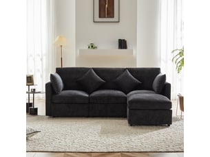 Canapé d'angle, avec couchage d'appoint, avec pouf, avec coussins, en tissu chenille, coloris gris, l216 x p161 x h81 cm, pour salon