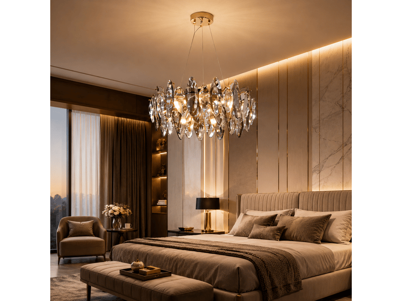  Lustre en cristal plumes dorées e – éclairage 3 couleurs ASLED-829 - Conforama E