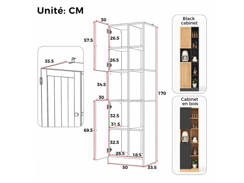 Meuble d'angle cuisine, colonne de rangement étroite 170cm, anthracite et chêne, 2 portes (sans matelas).  - Conforama B