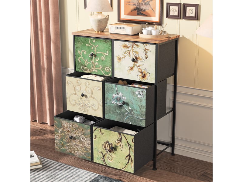  Commode de rangement, 67.5x30x86.5cm, 6 tiroirs en tissu, cadre en métal et plateau en bois, style rétro, multicolore  - Conforama C