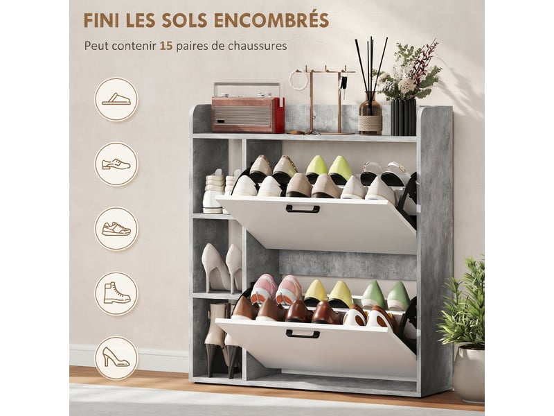  Meuble à chaussures 15 paires, armoire à chaussures moderne avec 2 tiroirs rabattables, blanc et gris, 83x24x90,5cm  - Conforama A