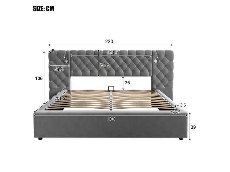  Lit coffre 160 x 200 cm gris en velours avec éclairage led et sommier à lattes  - Conforama E