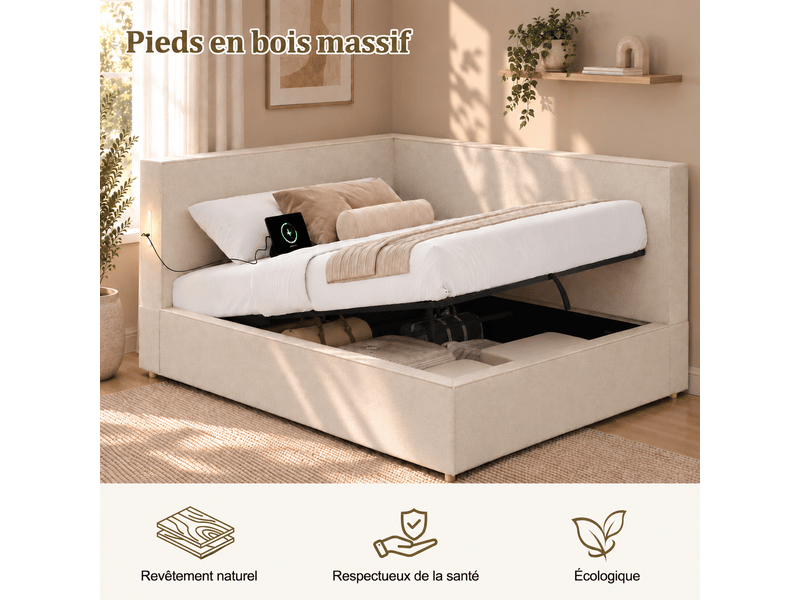  Lit banquette enfant 140x190 cm rembourré en chenille avec rangement, sommier à lattes, led et ports usb et usb-c, pour chambre d’adolescent - beige  - Conforama E