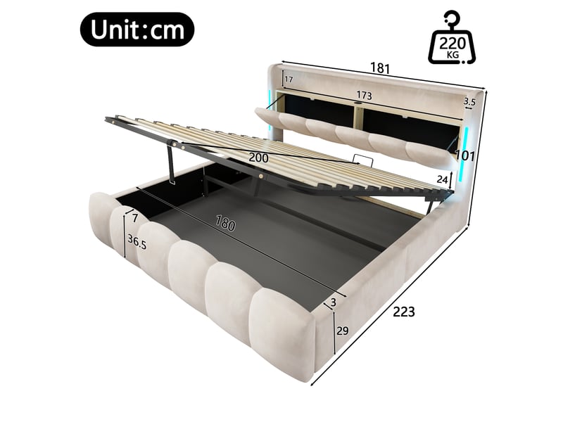  Lit capitonné, 180 x 200 cm, éclairage led, tête de lit avec compartiment de rangement, sans matelas, sommier coffre hydraulique, ports usb et type-c, velours, beige  - Conforama C