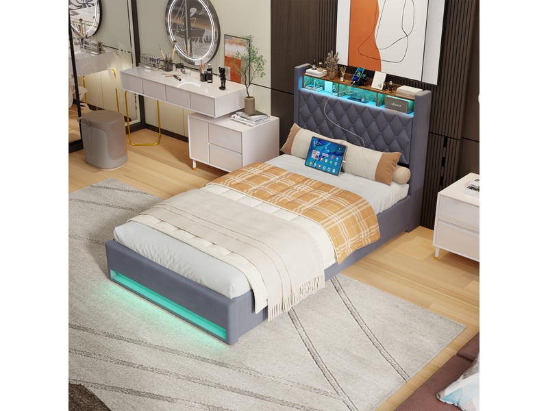  Lit rembourré 140x190 cm en velours gris foncé evryae  - Conforama C