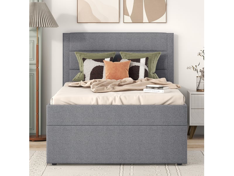  Lit coffre 90x200, espace de rangement, sommier métal, lin et mdf, gris sans matelas  - Conforama D