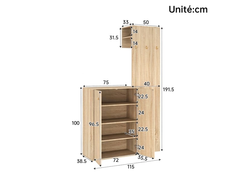  Vestiaire d'entrée avec meuble à chaussures mdf naturel 115cm  - Conforama E