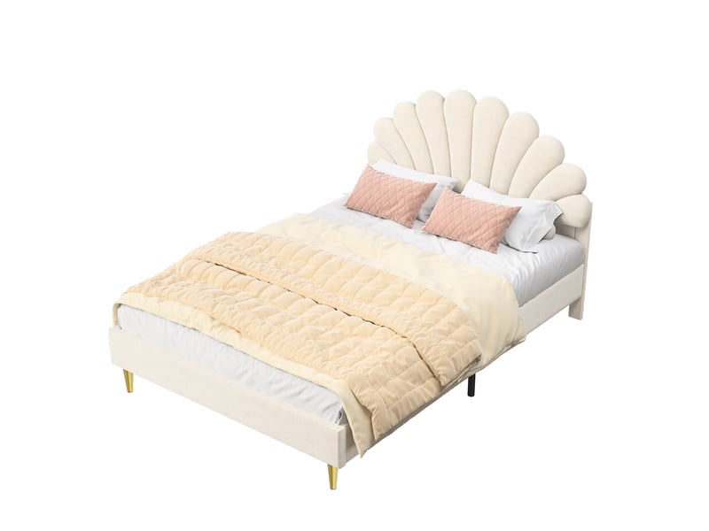 Lit enfant 140x200 cm avec tête de lit fleur et sommier à lattes, lit 2 places, tissu velours, beige, sans matelas - Conforama A