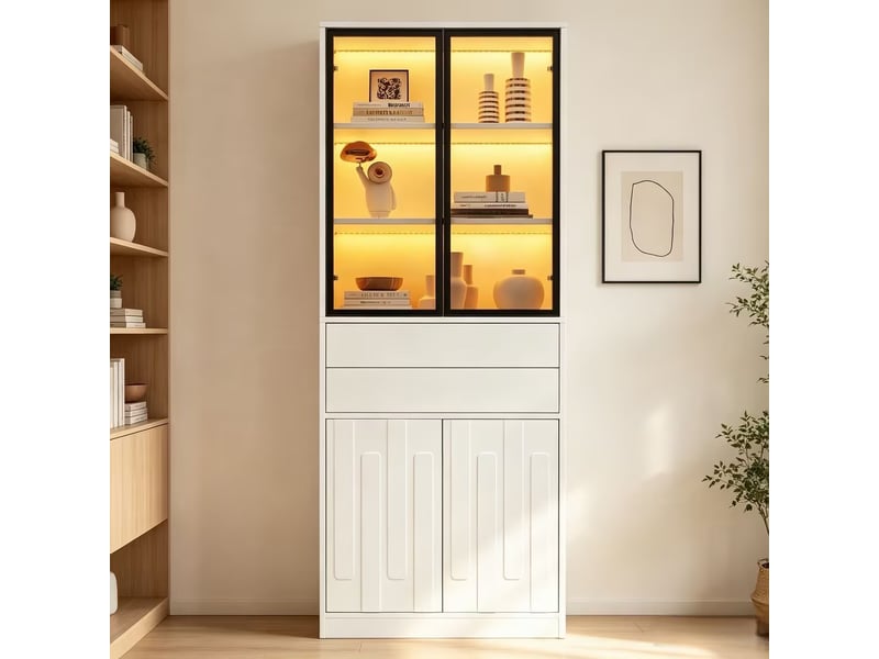  Vitrine led 70 x 34 x 180 cm avec portes vitrées et 2 tiroirs, meuble haut d’exposition et rangement moderne pour salon, cuisine ou bureau, blanc, pour usage quotidien à la maison OPULERANE TRADING LTD - Conforama B