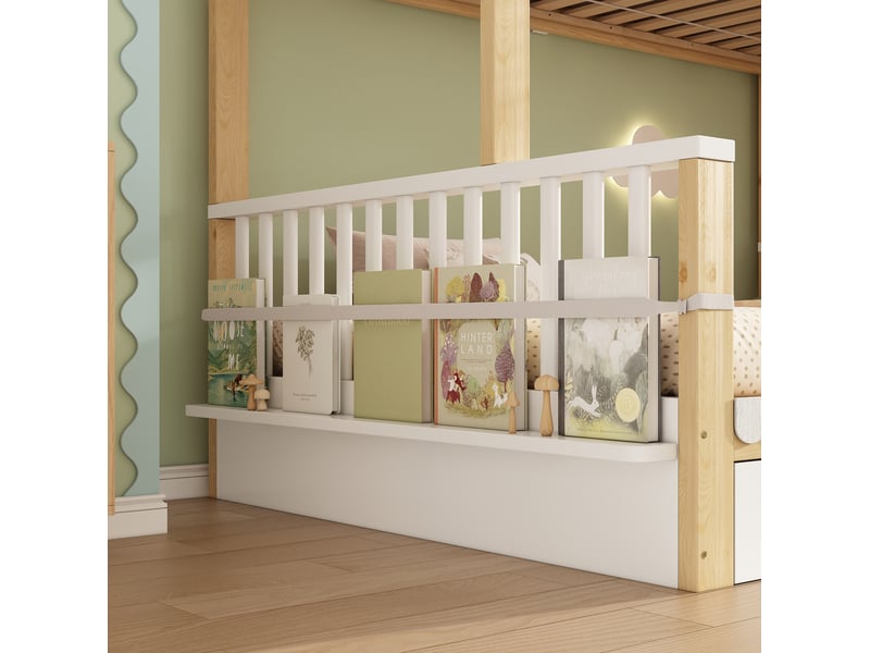  Lit superposé enfant 90x200 et 140x200 cm blanc et chêne en bois, 2 tiroirs et porte-revues latéral  - Conforama E