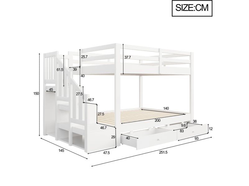  Lit superposé 140x200 cm avec rangement bois et mdf blanc sans matelas  - Conforama C