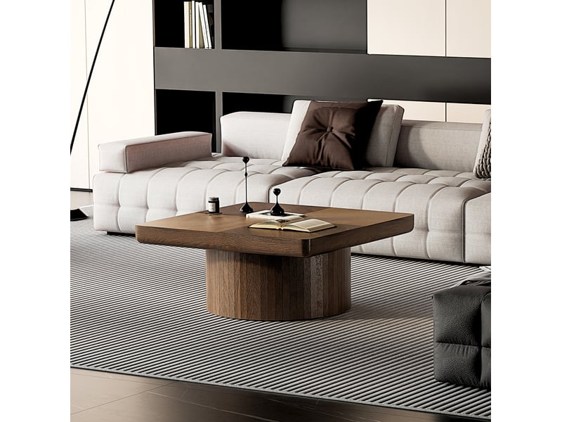  Table basse carrée 78x78x38 cm, plateau placage bois motif parquet base cylindrique bois mdf noyer  - Conforama E