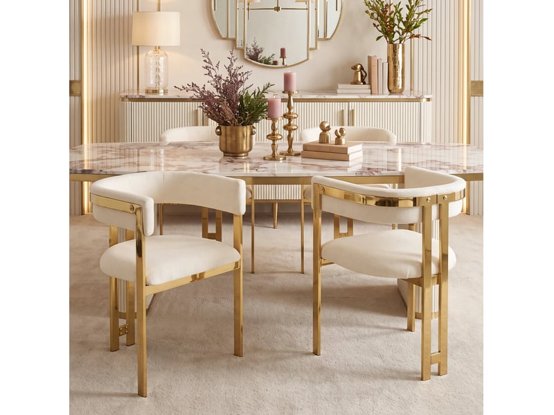  2 chaises de salle à manger confortables et respirantes, idéales pour restaurants, salons, cafés et autres endroits, style moderne, pieds en métal galvanisé doré, tissu en chenille, beige + or  - Conforama C