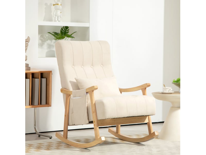  Fauteuil à bascule rembourré avec coussin lombaire et poches latérales, cadre en bois de hêtre, polyester beige  - Conforama B