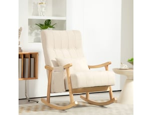 Fauteuil à bascule rembourré avec coussin lombaire et poches latérales, cadre en bois de hêtre, polyester beige