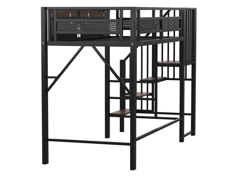  Lit mezzanine avec barrière sécurisée et fenêtre, métal noir, 90x200 cm, échelle et espace libre dessous  - Conforama E