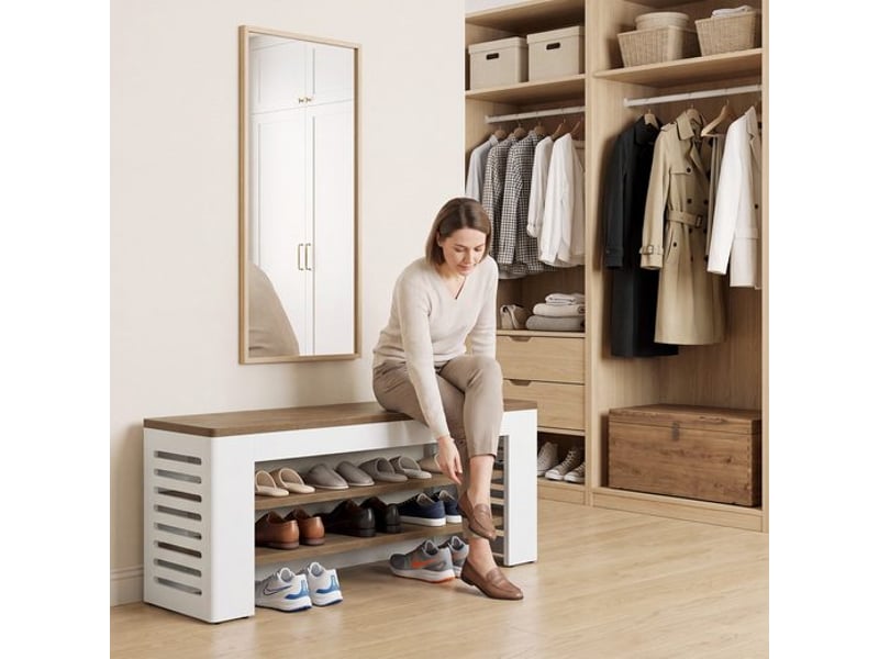  Banc à chaussures de 140 cm (55 po) à 3 niveaux pour entrée, capacité jusqu'à 15 paires, meuble de rangement moderne pour chaussures, banc long avec étagères ; idéal pour le bout de lit, le couloir, la chambre ou l'entrée ; blan…  - Conforama E
