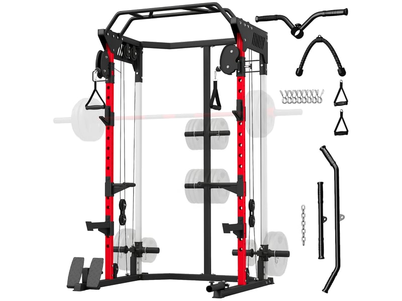  Station de musculation power rack 900kg double poulie réglable 19 niveaux home gym complet pour entraînement force noir  - Conforama A