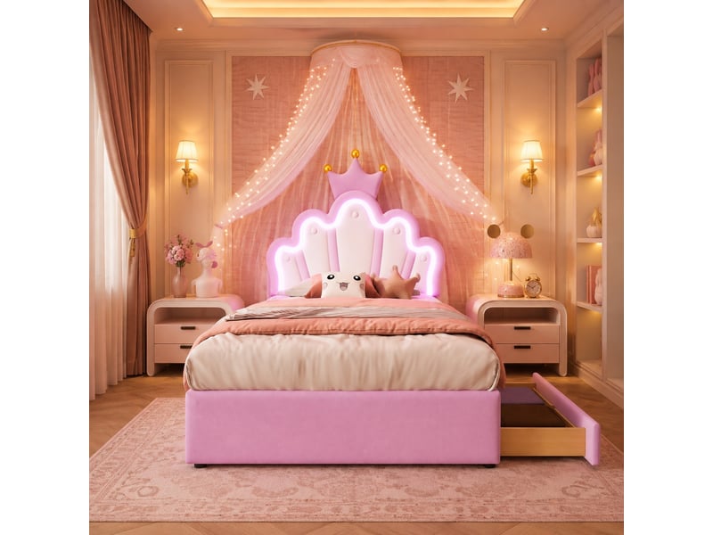 Lit enfant 90 x 200 cm rose avec éclairage led télécommandé, 2 tiroirs, tête de lit couronne et réglable, sans matelas  - Conforama C
