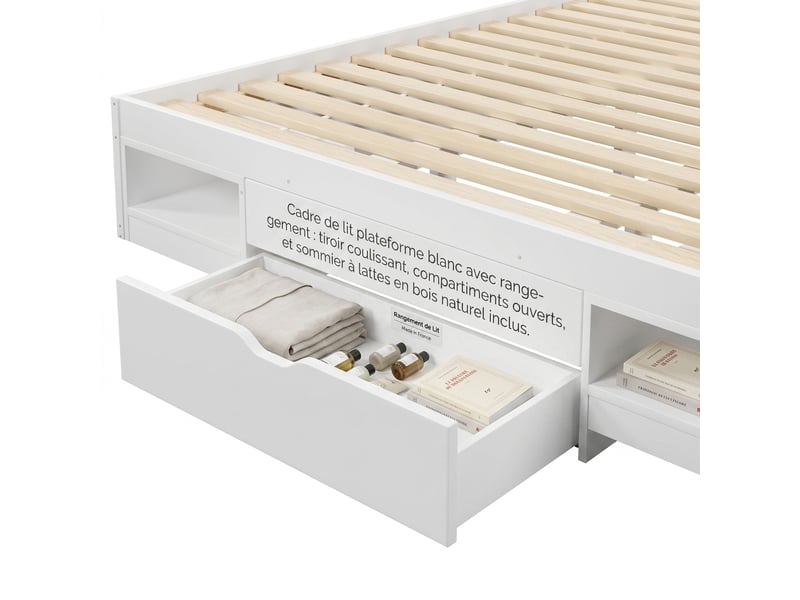 Lit double 180x200 cm avec rangement, cadre de lit blanc avec led, port usb et 3 tiroirs, lit adulte - Conforama E