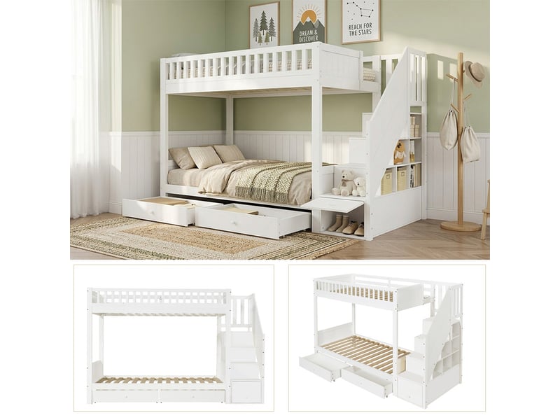  Lit superposé enfant 90x200 cm - avec 2 tiroirs - avec escalier de rangement - avec garde-corps - blanc (sans matelas)  - Conforama E