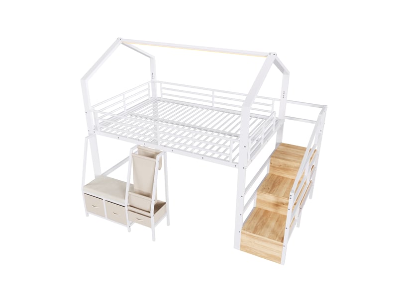  Lit mezzanine 140x200 cm, lit combiné, tiroirs de rangement, échelle, rangements intégrés, éclairage led, support à lattes stable, mdf et métal blanc OPULERANE TRADING LTD - Conforama A