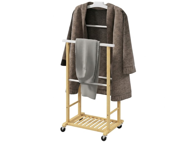  Étagère à chaussures en bambou à roulettes, avec cintre supérieur, barres pour pantalons et étagère inférieure à chaussures, en naturel et blanc.  - Conforama B