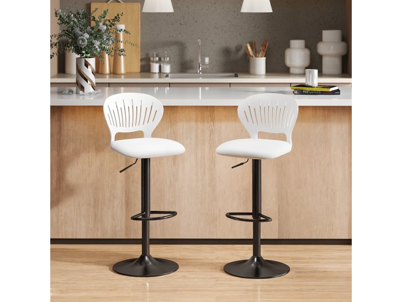  Lot de 2 tabourets de bar pivotants à 360°, hauteur réglable de 84 à 105 cm, dossier creux, repose-pieds, blanc  - Conforama C