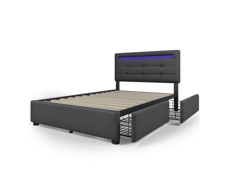  Cadre de lit, lit enfant 90x200 cm, 2 tiroirs, led, tête de lit réglable, sommier à lattes, matelas inclus, bois gris  - Conforama R